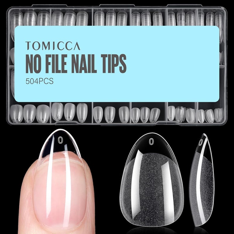 TOMICCA Short Almond Nail Tips, 504Pcs Soft Acrylic Nail Tips, 12 Sizes Pre-Shaped Half Matte Fake Clear Gelly Tips, Press on Acrylic Nails for Nail Extension DIY Nail Salon - Image 1
